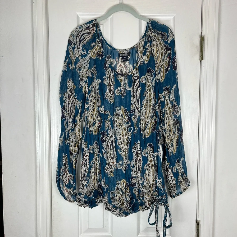 Lucky Brand Boho Western Semi-Sheer Paisley Print Peasant Blouse Top 3X - Picture 1 of 8
